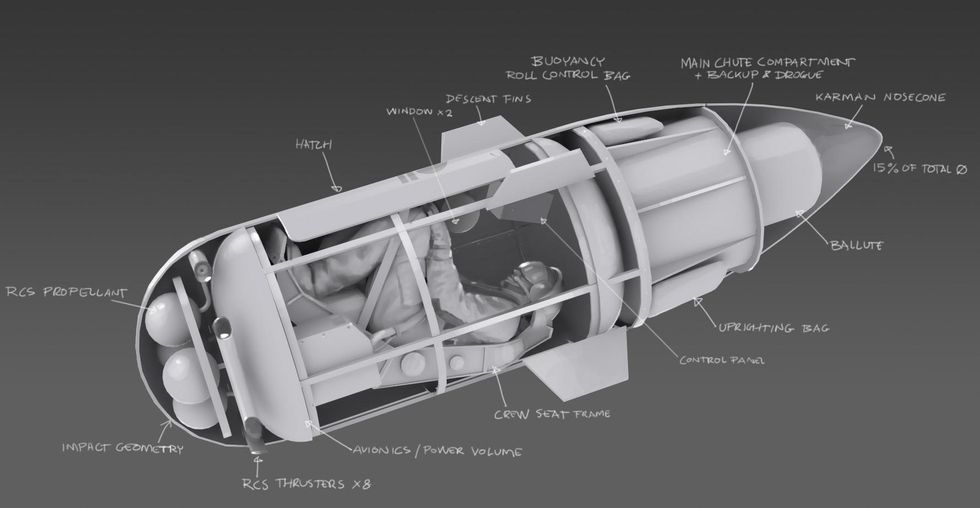 A computer rendering shows a cutaway of a small crew capsule for a spacecraft. Inside the capsule is a person seated in a chair.