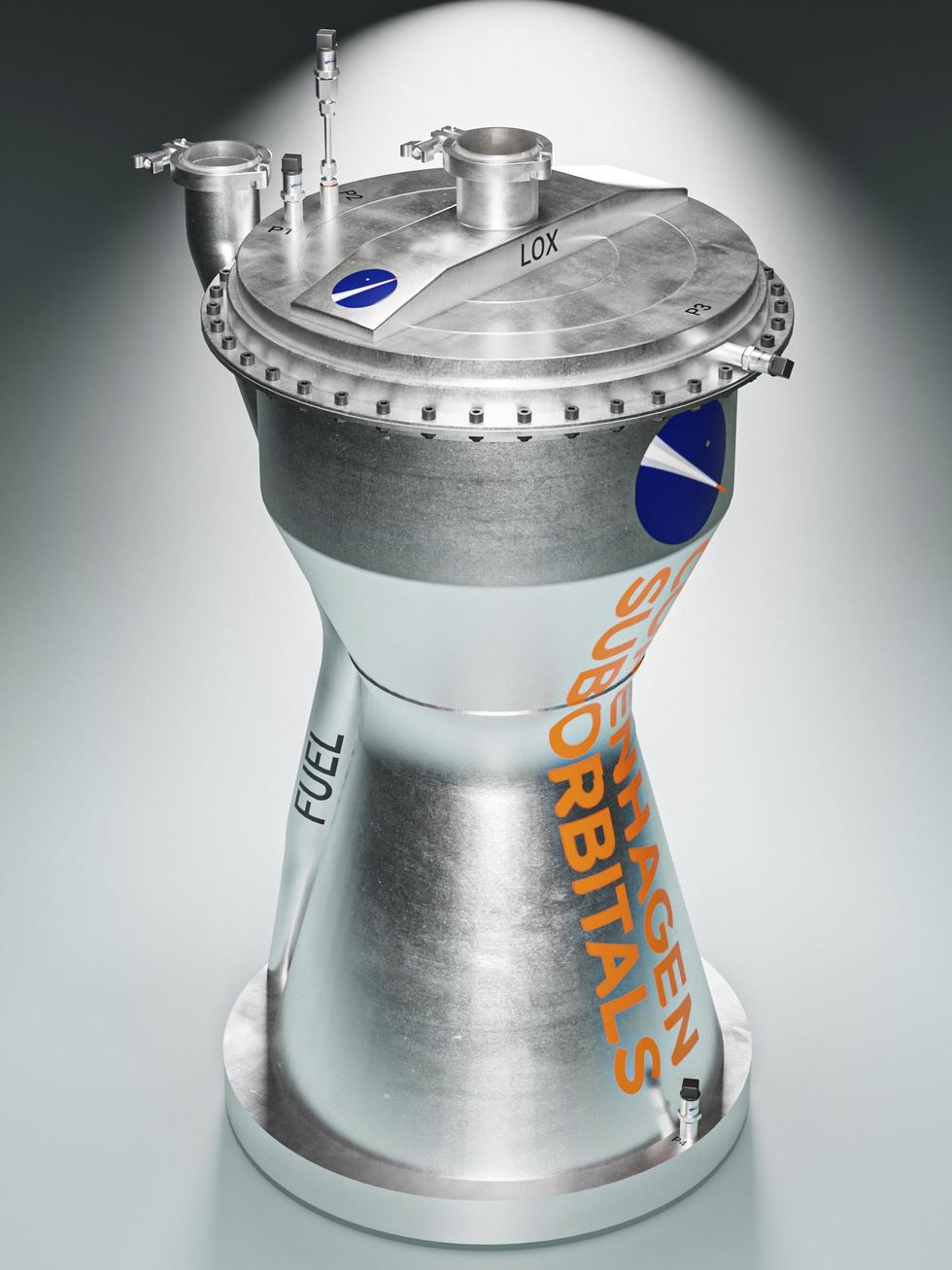 A computer rendering shows a metal rocket engine.    