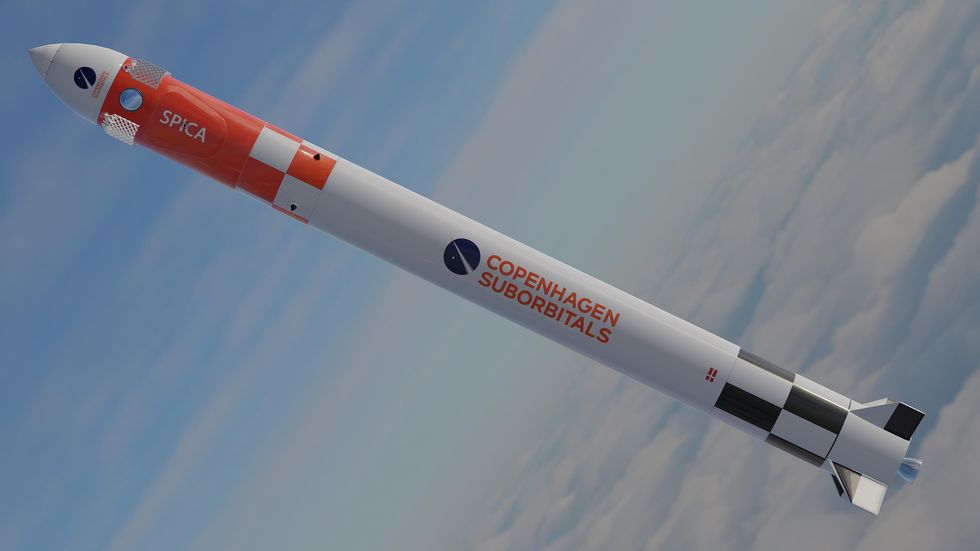 A computer rendering shows a rocket with the words Spica and Copenhagen Suborbitals on it flying above the clouds.  