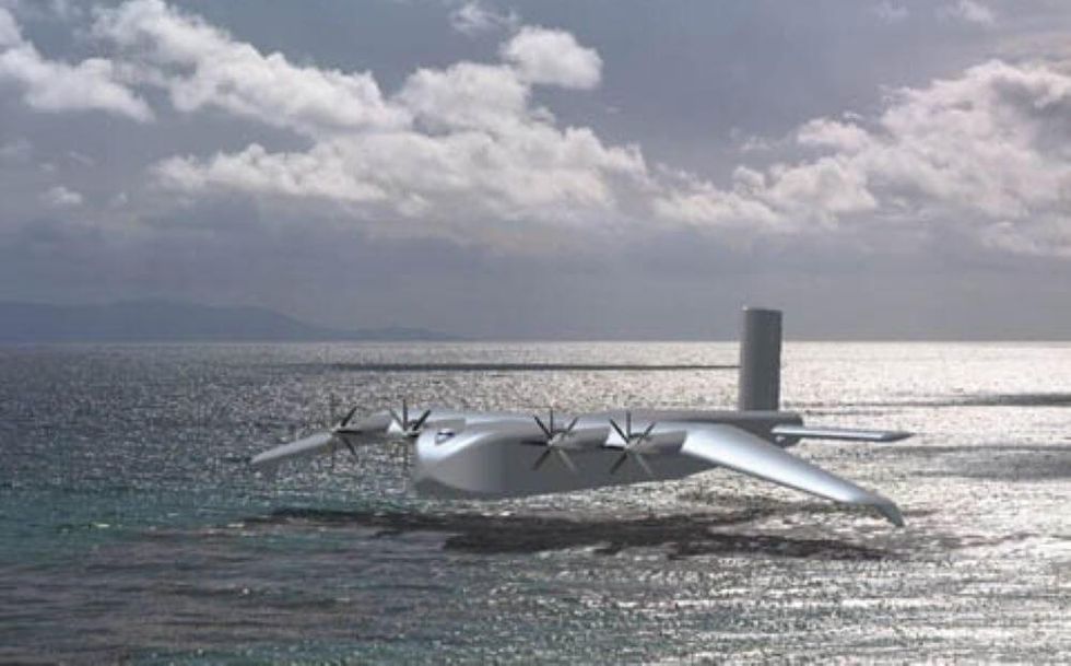 Une image conceptuelle d'un hydravion gris massif survolant l'océan