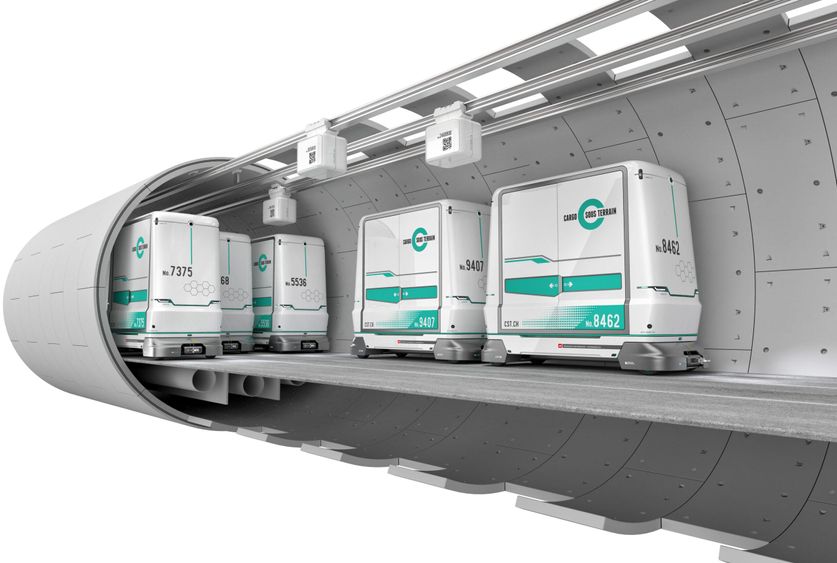Una imagen conceptual que muestra un túnel lleno de vainas de carga autónomas