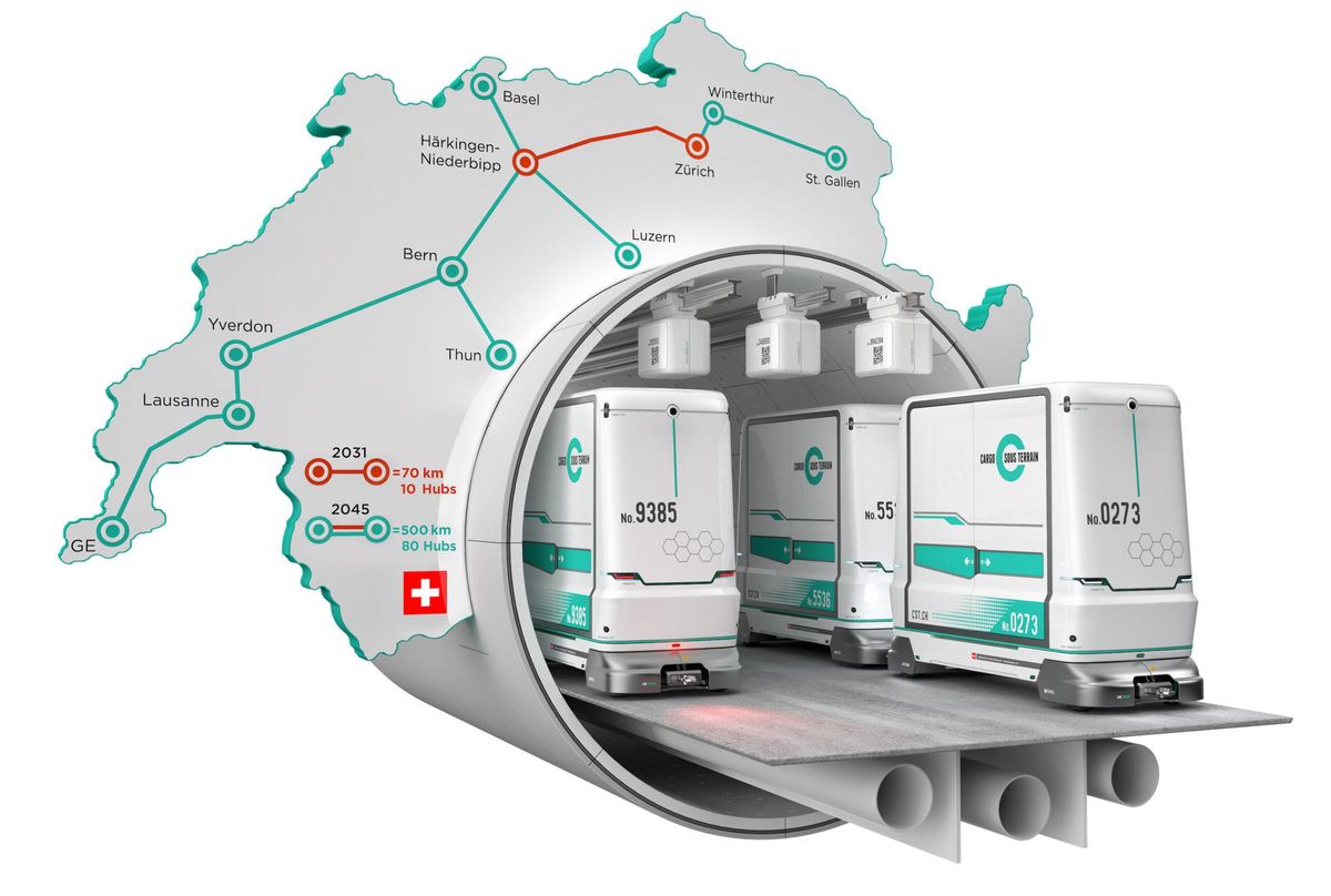A concept image showing cargo pods traveling through a tunnel with a map of Switzerland showing routes in the background