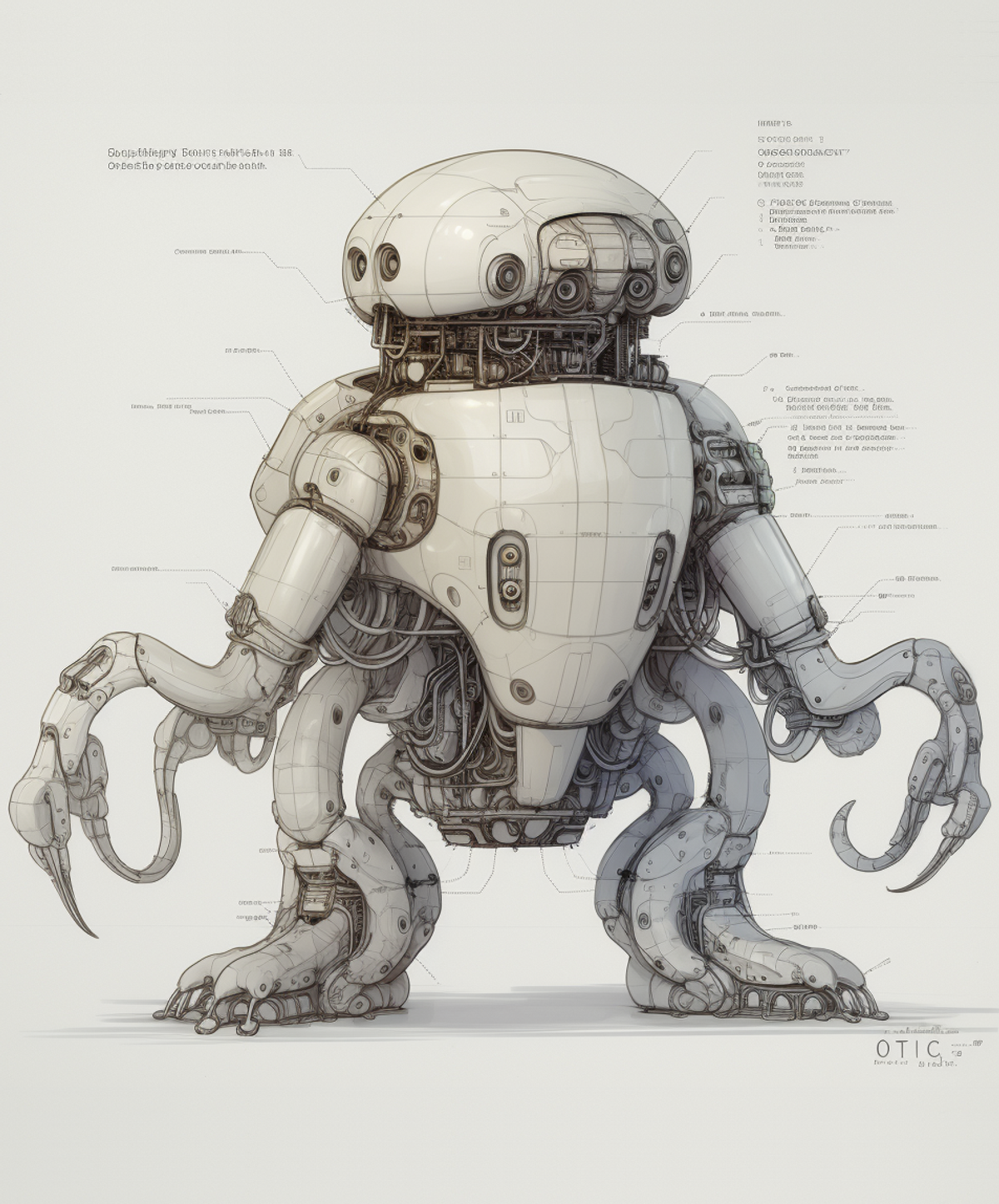 A conceptual AI drawing of a robot with two feet, clawed arms and a torso with many wires exposed.