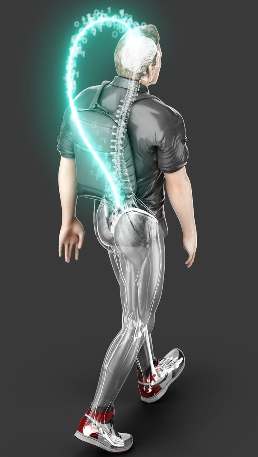 A conceptual illustration shows a male body walking. A green light with binary code connects his spine to his brain as he takes a step forward.