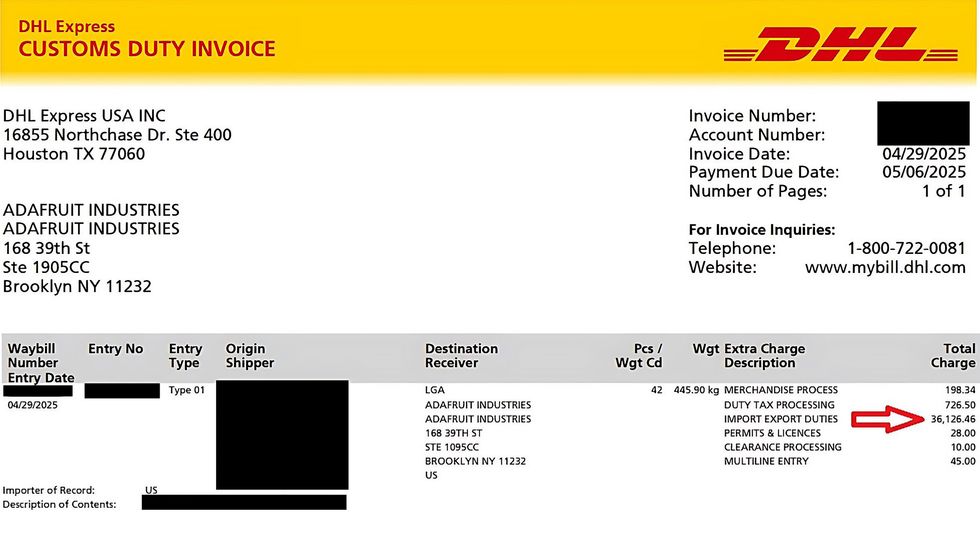 A customs invoice for Adafruit Industries showing a three-digit total with over $36,000 in import and export duties.