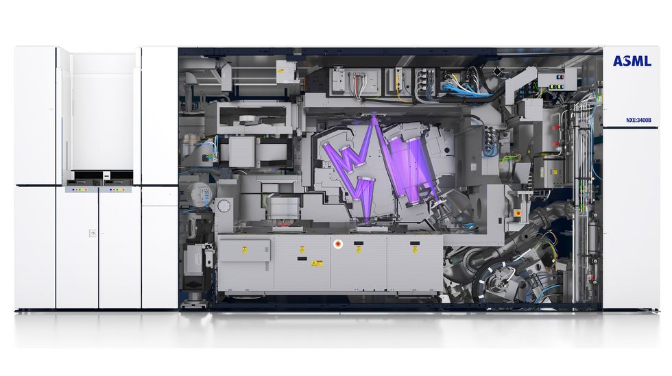 A cutaway of a rectangular machine. Purple beams bounce off objects within the machine.