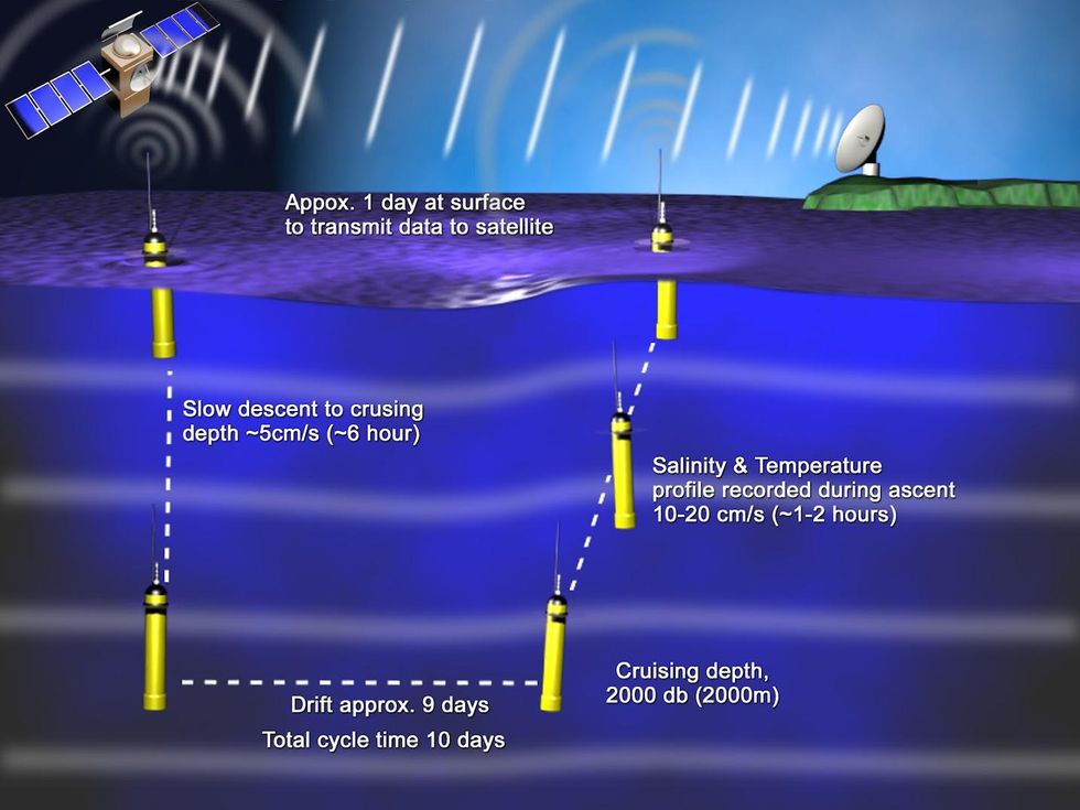 A diagram showing the cycle an undersea profiling float moves through while gathering and transmitting data.