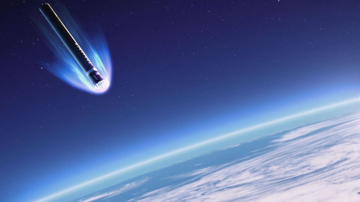 ​A digital rendering of a spacecraft booster falling back into Earth's atmosphere