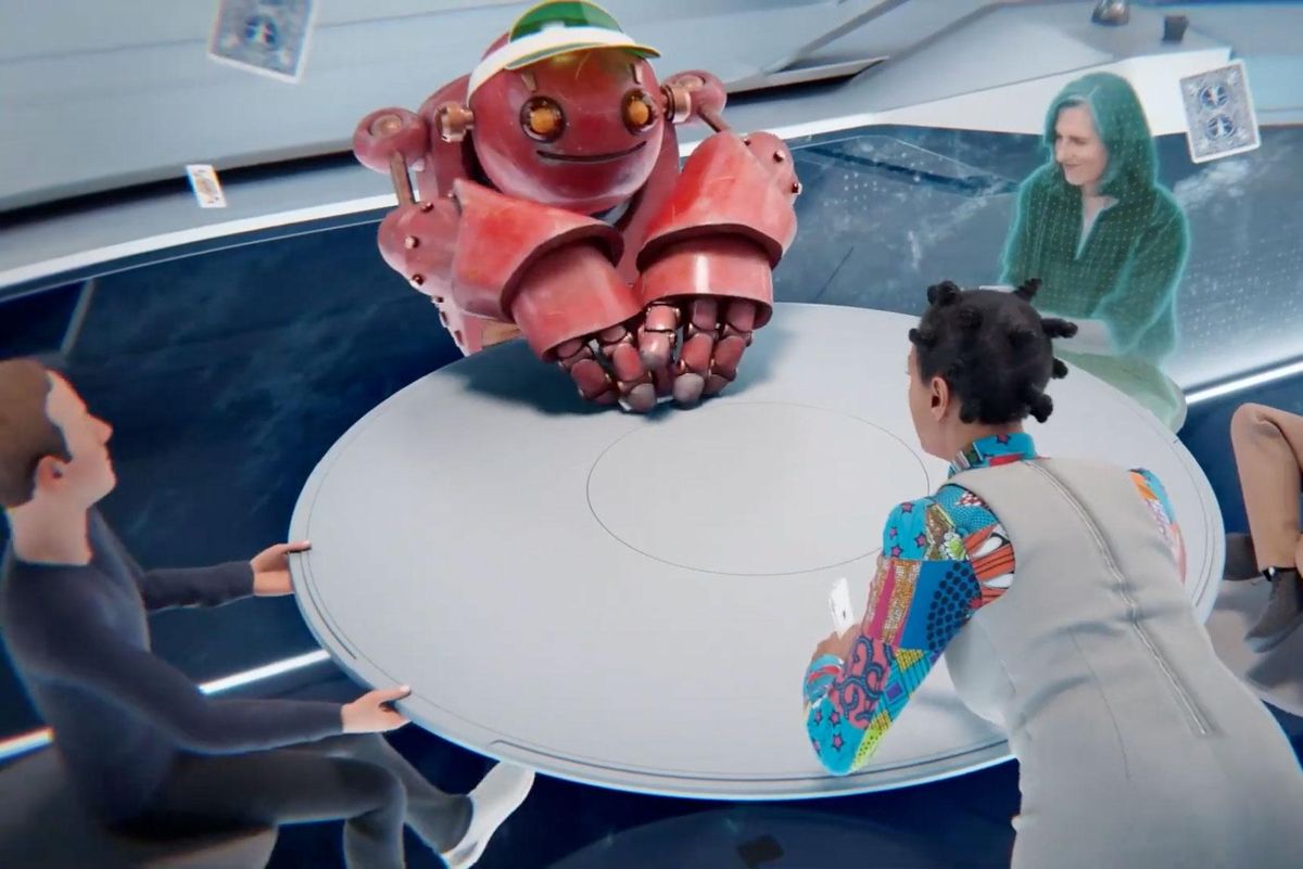 A digital rendering of three people and one large red robot sitting around a white table