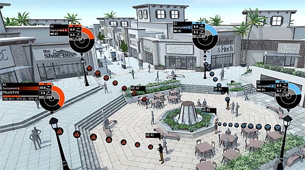 A digital seen of a plaza with with bubbles representing data shooting out from several black lamp posts toward people holding smartphones.
