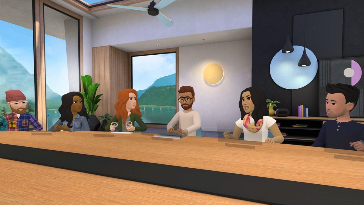 A diverse group of people meeting in a conference room in the Metaverse.