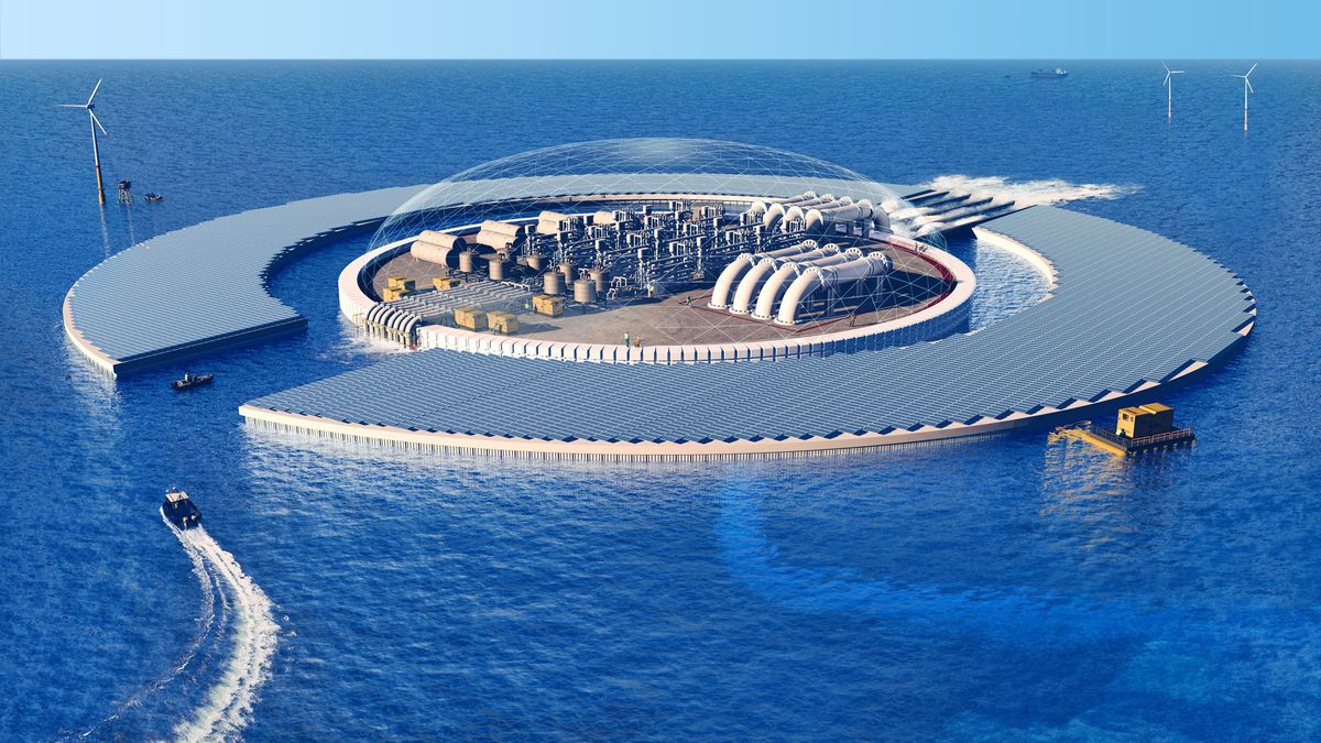 A domed industrial plant surrounded by an annulus of solar panels, all floating on the sea.