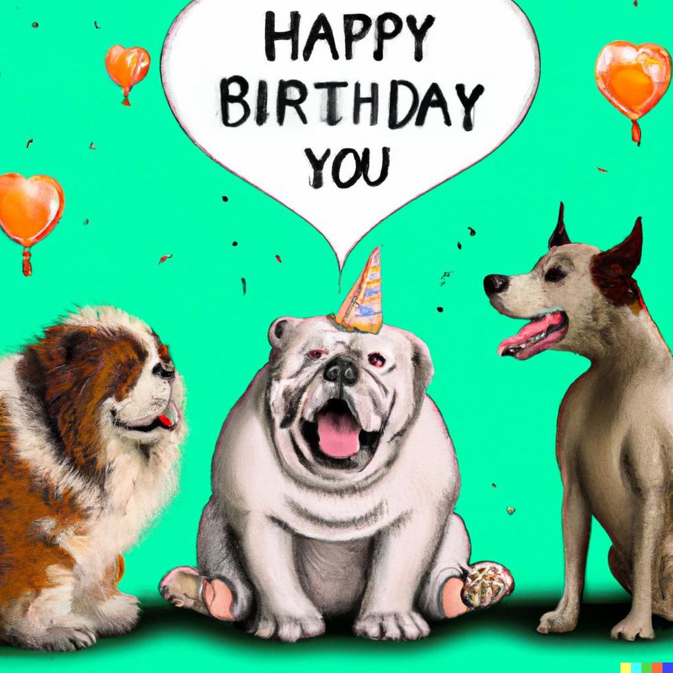 A drawing shows a large dog wearing a party hat flanked by two other dogs. There are hearts floating in the air and a speech bubble coming from the large dog that says u201cHappy birthday you.u201d