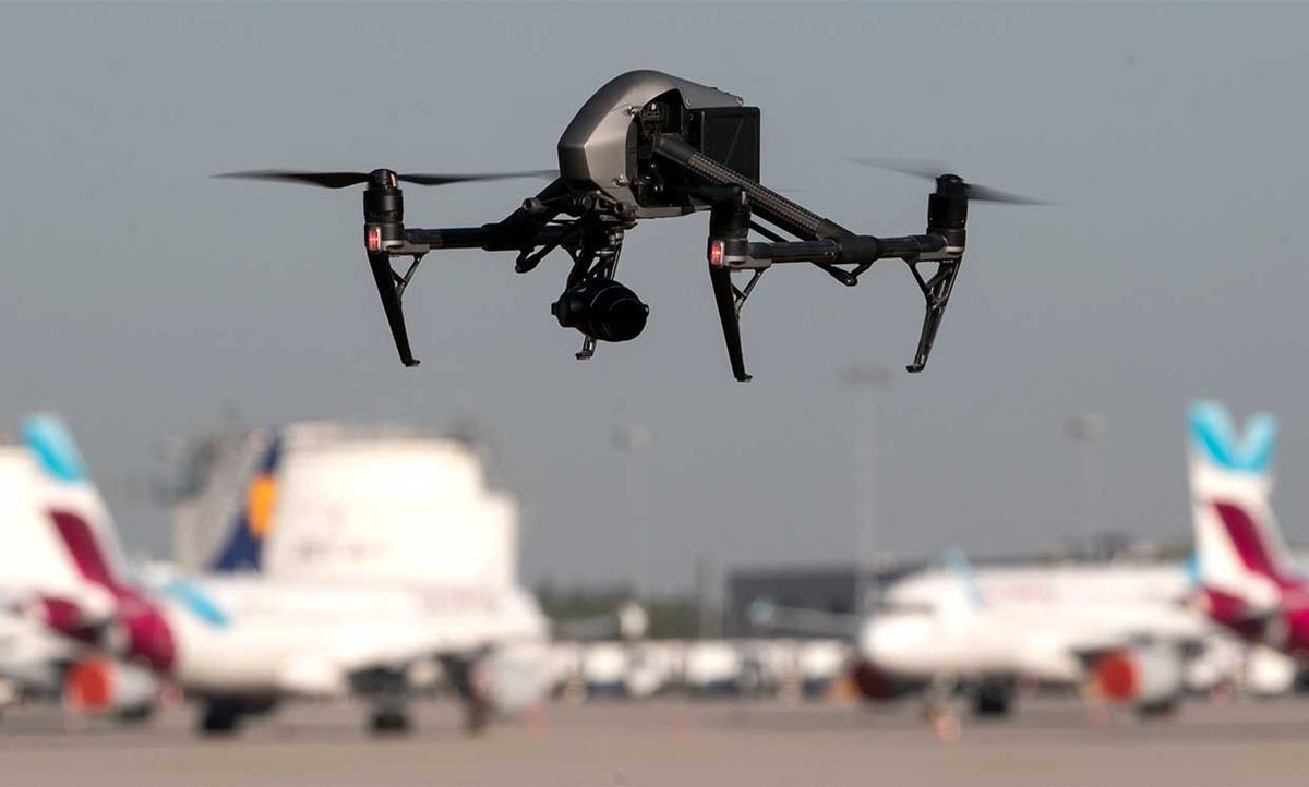 A drone flies near Stuttgart airport.