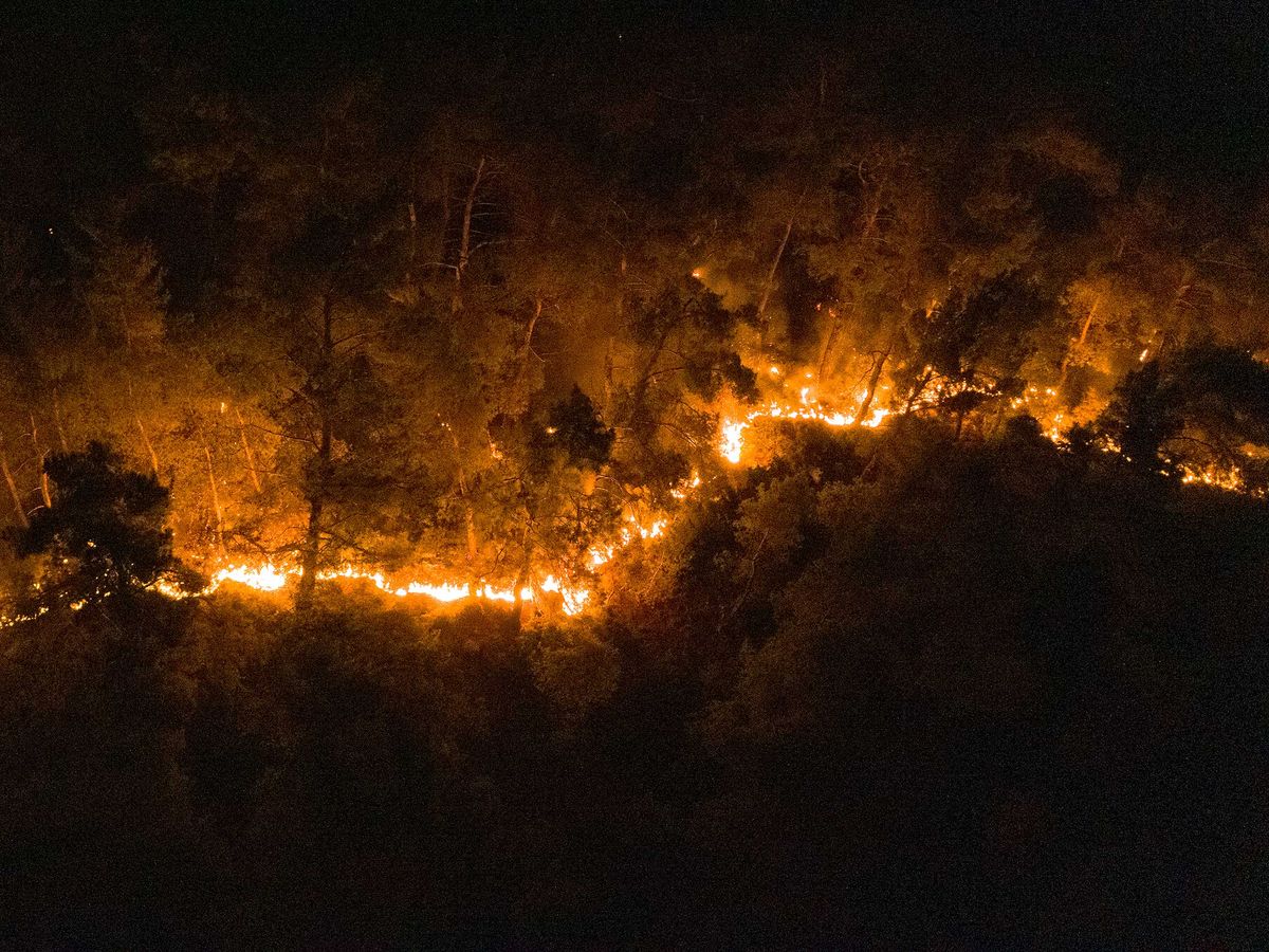 A drone photo shows the wildfire in Menderes district of Izmir, Turkey on August 01, 2020.