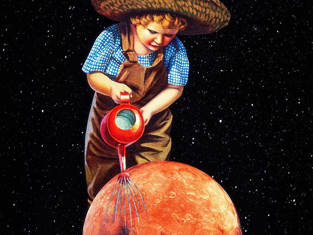 A farmer boy watering a planet in space.