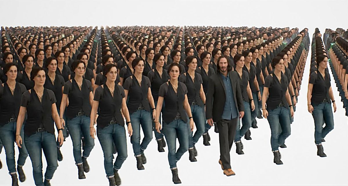 A female avatar is repeated endlessly in rows. In the front of one area is the same avatar positioned slightly differently, next to a male avatar.