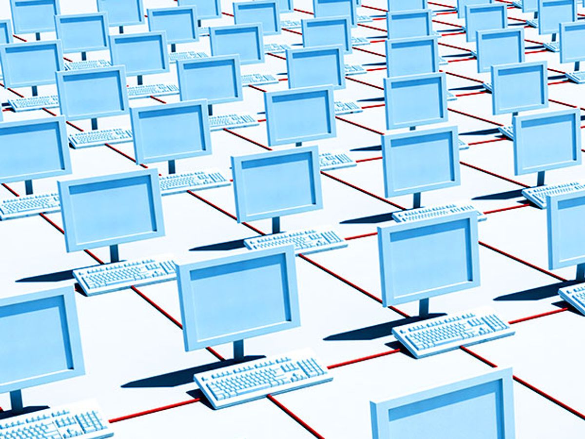 A field of open laptop computers represents the decentralized Internet