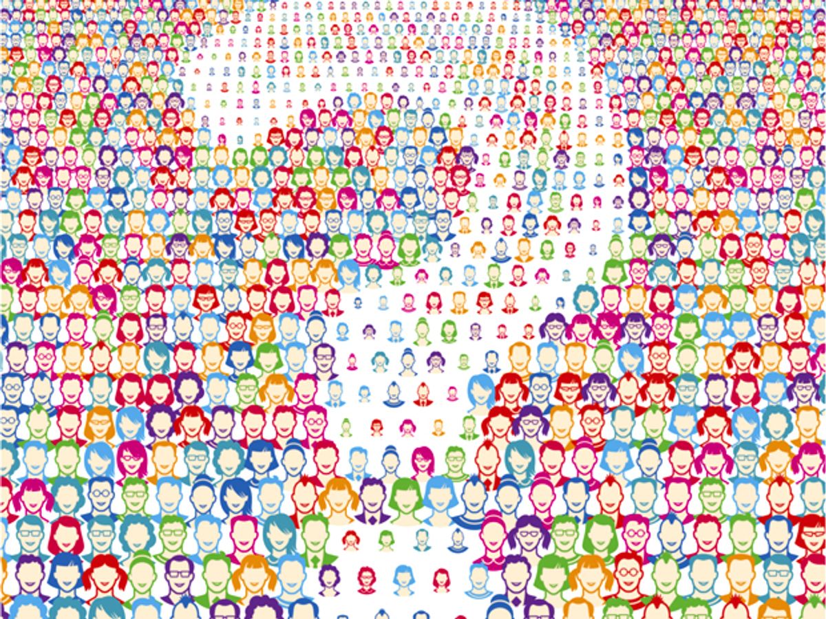 A field of stylized faces which form a question mark.
