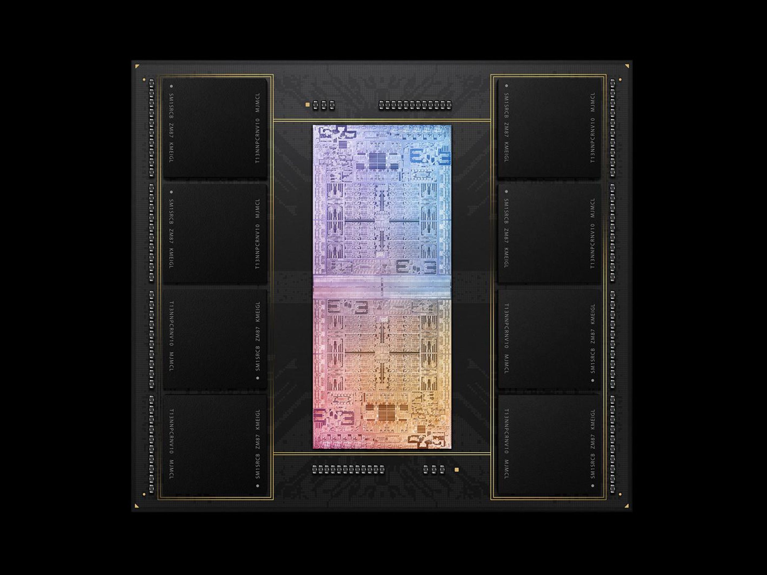 A flat black square with two iridescent computer chips connected in the middle