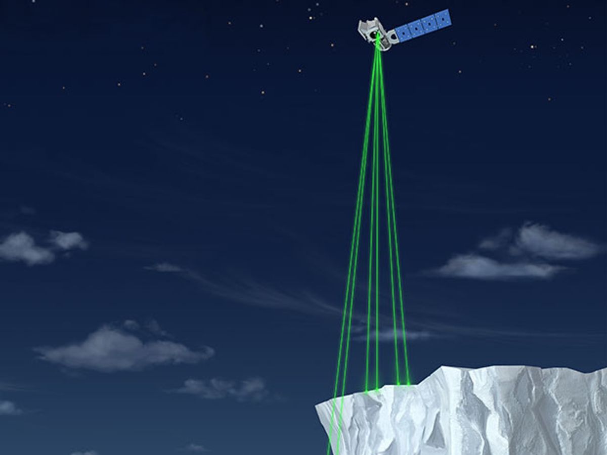 A flying satellite with several green beam projecting down to a cliff of ice