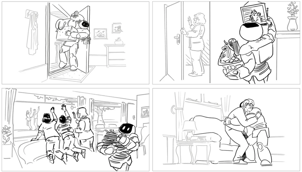 A four-panel cartoon of a humanoid robot hauling boxes, adjusting a photo on the wall, carrying dirty dishes, and hugging someone