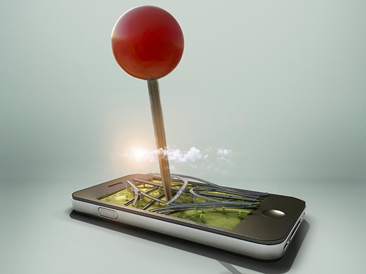 A giant red pin impales a smartphone through the screen. On the screen is a diorama of a highway exit or on ramp system.