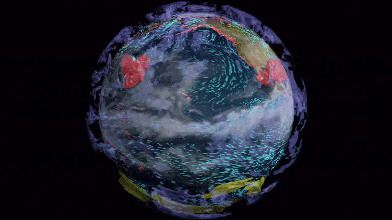 A gif of Nvidia's Earth-2 digital earth model showing wind and cloud patterns circling the globe.