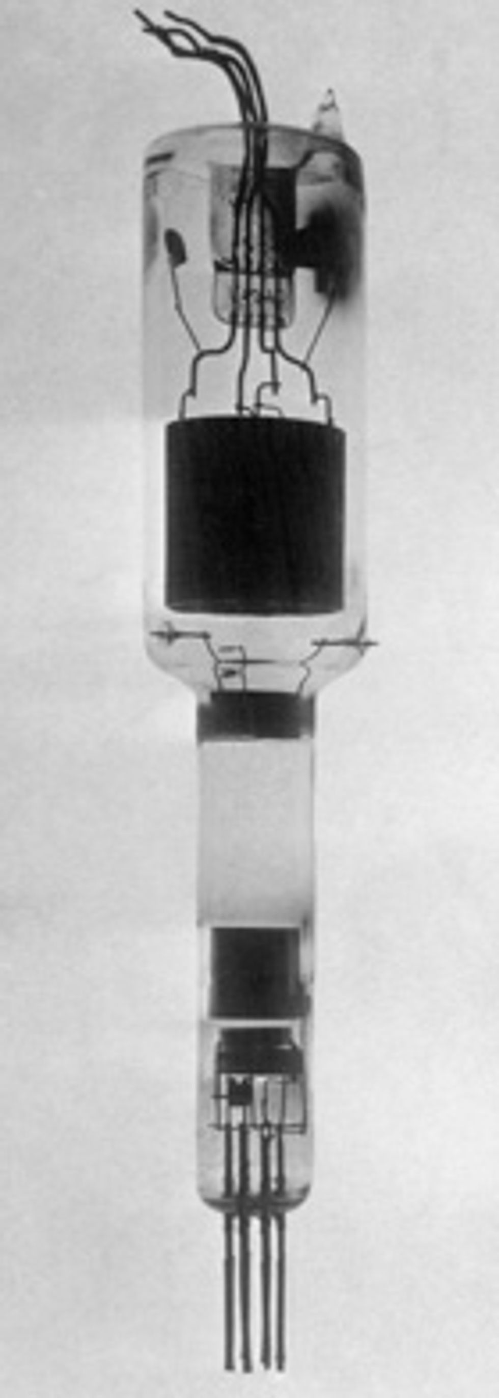 A glass tube with a wide top and narrow bottom containing metal electrodes and cylindrical plates.