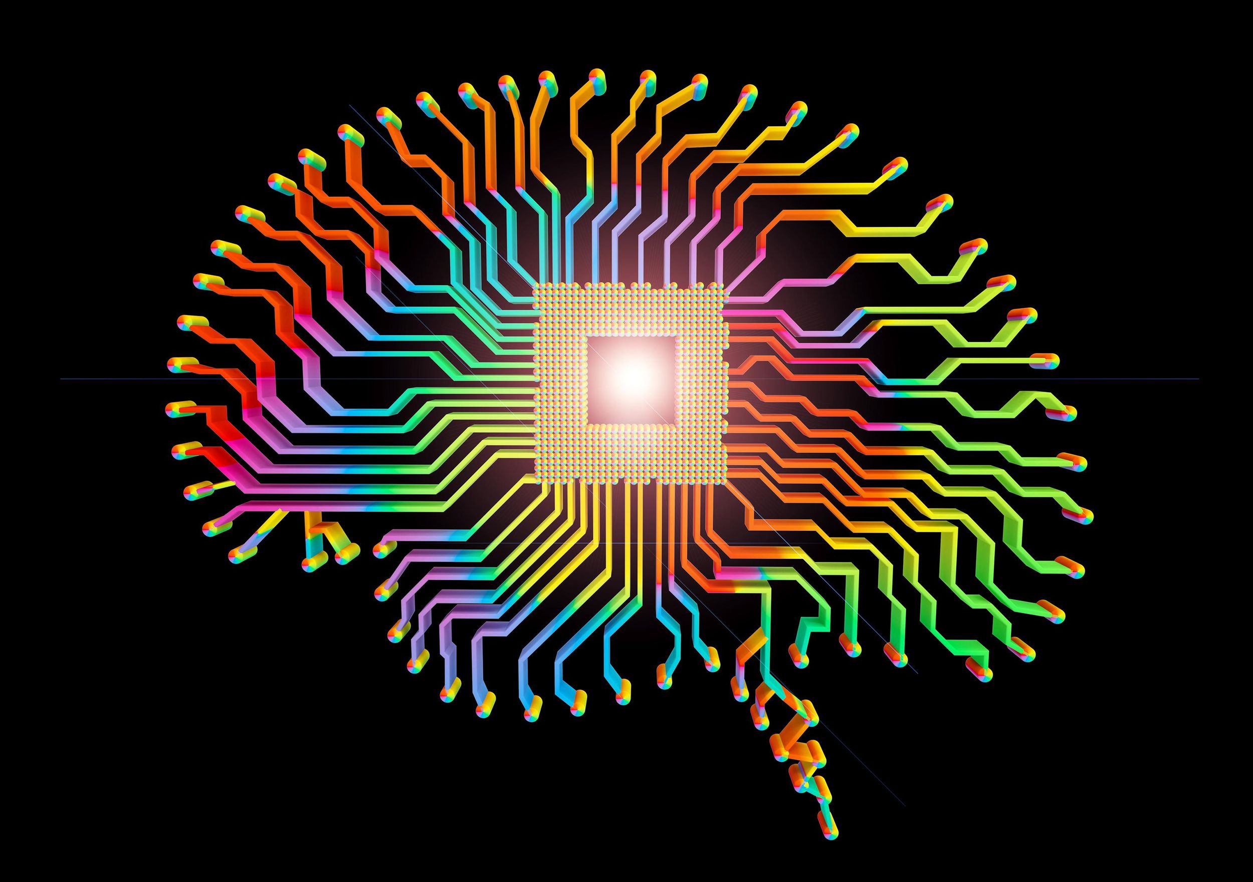 A glowing chip sits in the middle of a colorfully rendered illustration of a brain made of connecting lines.
