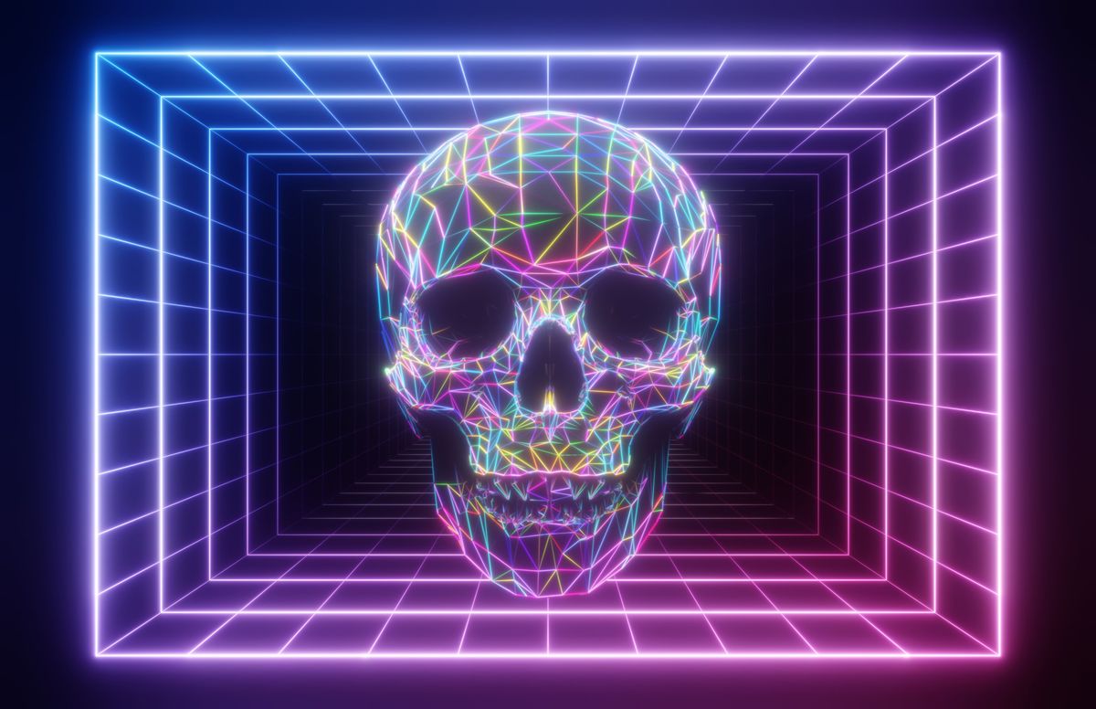 A glowing skull with colorful connective networking lines running through it in an open cube of cubes.
