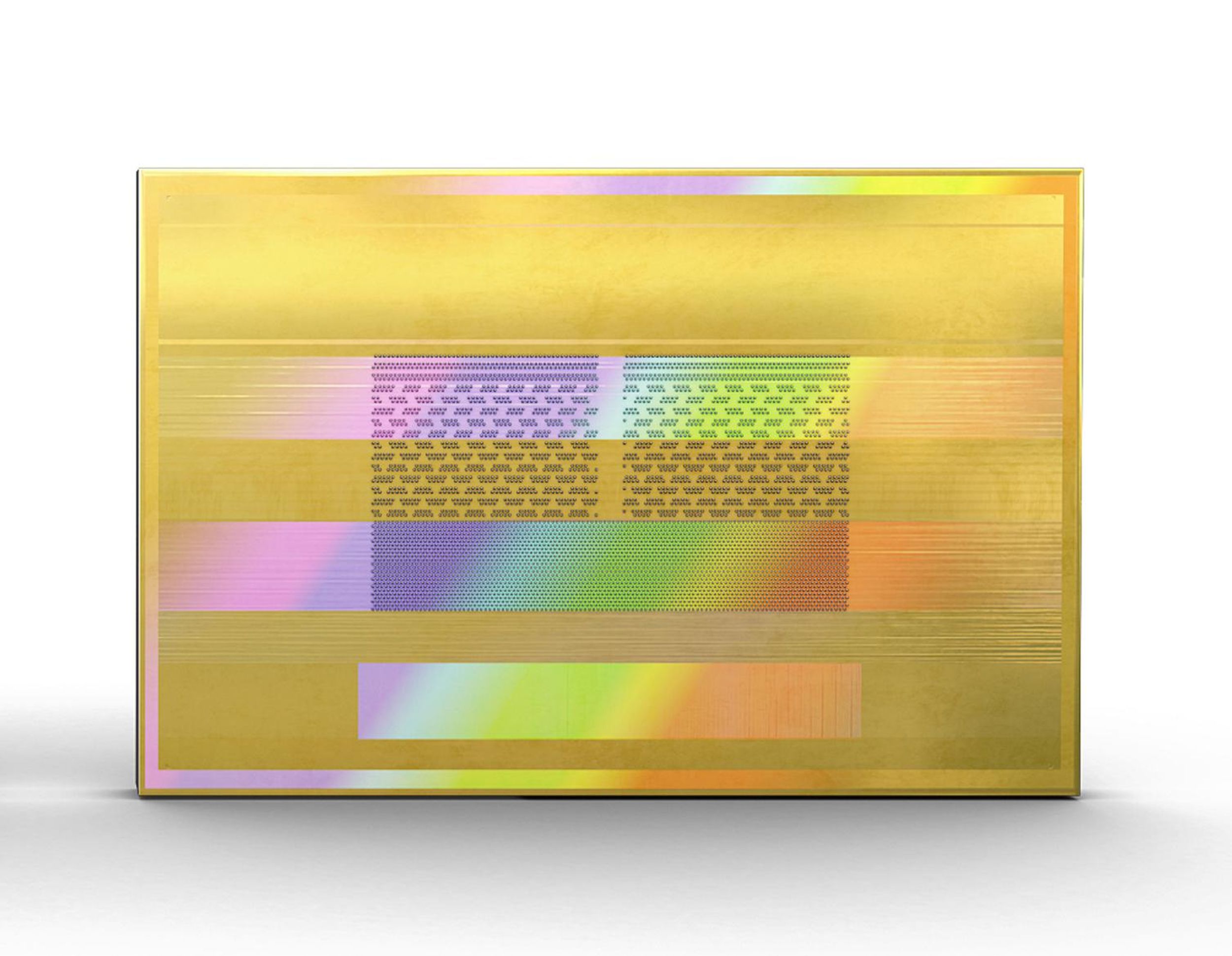 A gold rectangle with multicolored patterns.