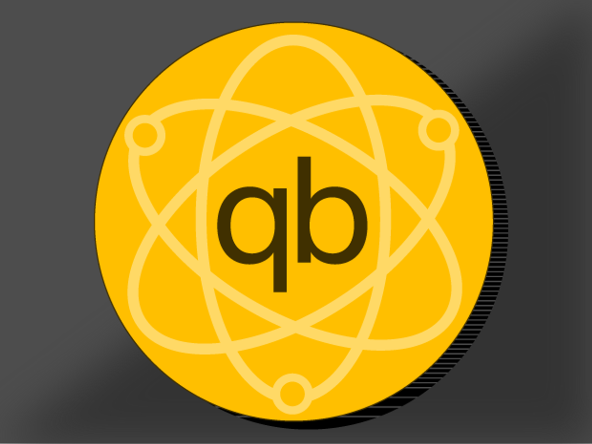 A golden circle on a black background has the letters 'qb' at its center. The letters are surrounded by the symbol of an atom.