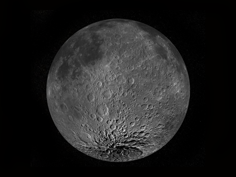 A gray, crater-pocked photograph of the moon shows, at bottom, the south pole.