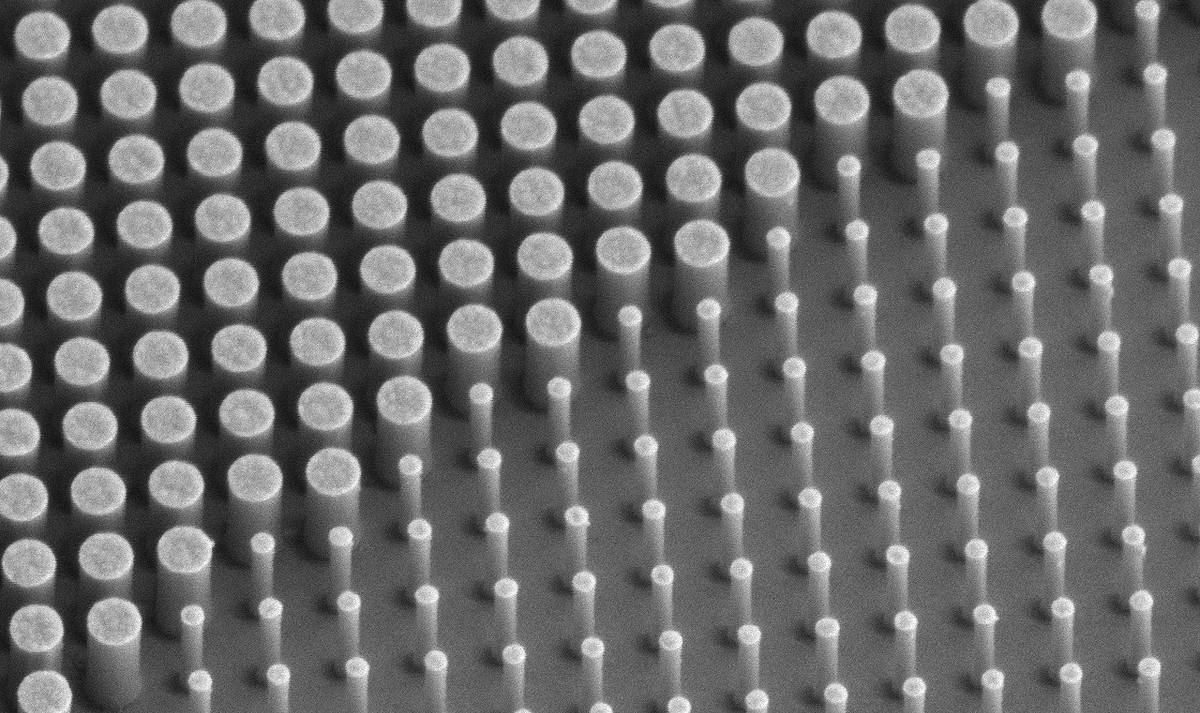 A gray-scale photograph showing pillars of varying diameters in an array