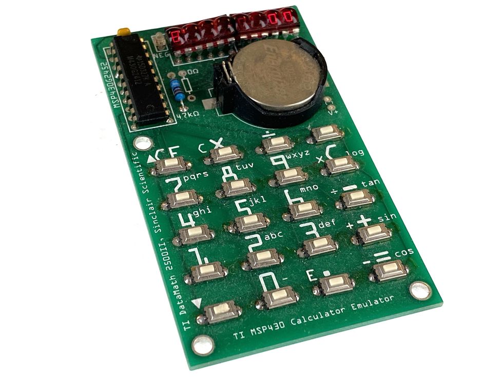 A green board with a set of numerical keys that looks like a calculator with a coin cell battery and a red 7-segment LED display