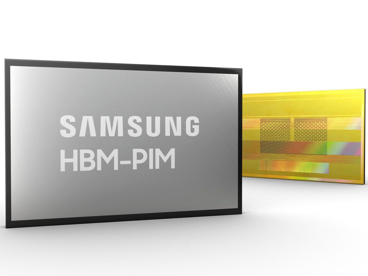A grey box labelled Samsung HBM-PIM and a yellow rectangle with two smaller rectangles, each with smaller rectangles, inside.