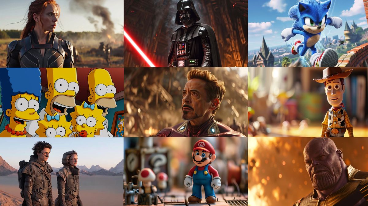 A grid of 9 images produced by generative AI that are recognizable actors and characters from movies, video games, and television.