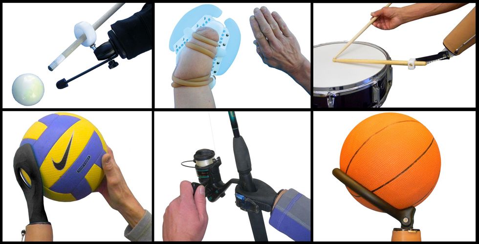 A grid of six photographs showing specialized prosthetic attachments being used for shooting pool, swimming, playing a drum, holding a volleyball, fishing, and throwing a basketball.