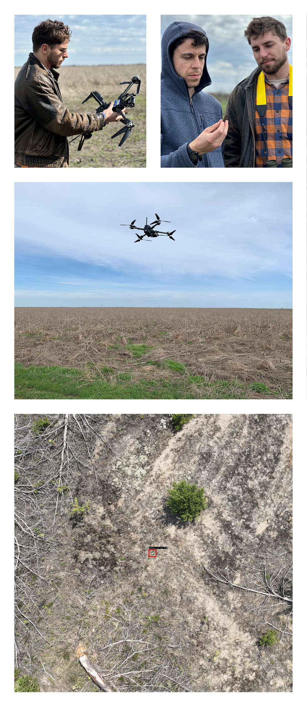 A group of photos including a person holding a drone, a photo of two people and a photo of a drone in the sky.