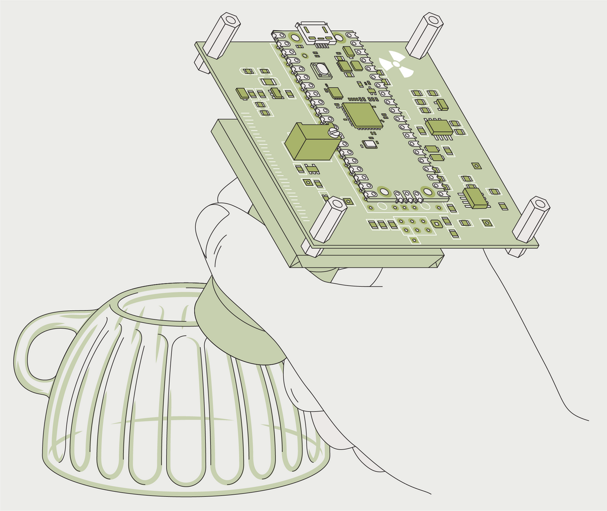A hand places a tube protruding from a square circuit board against a tea cup. 