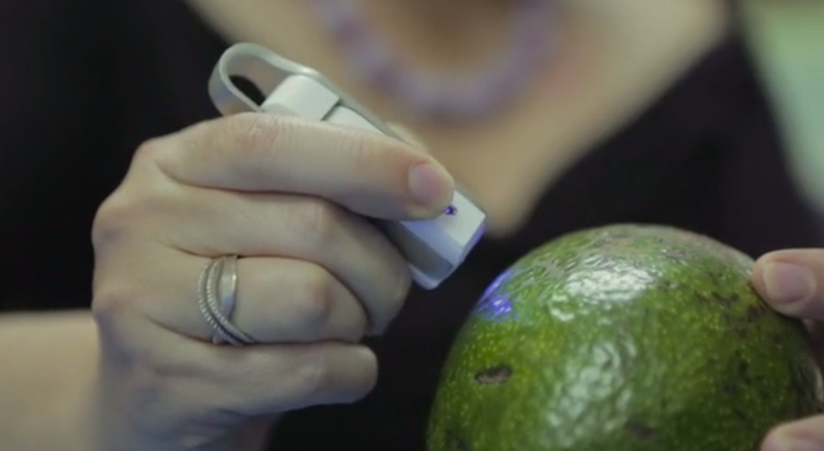 A handheld spectroscopy tool called the SCiO shines a blue light on an avocado to check its molecular composition.
