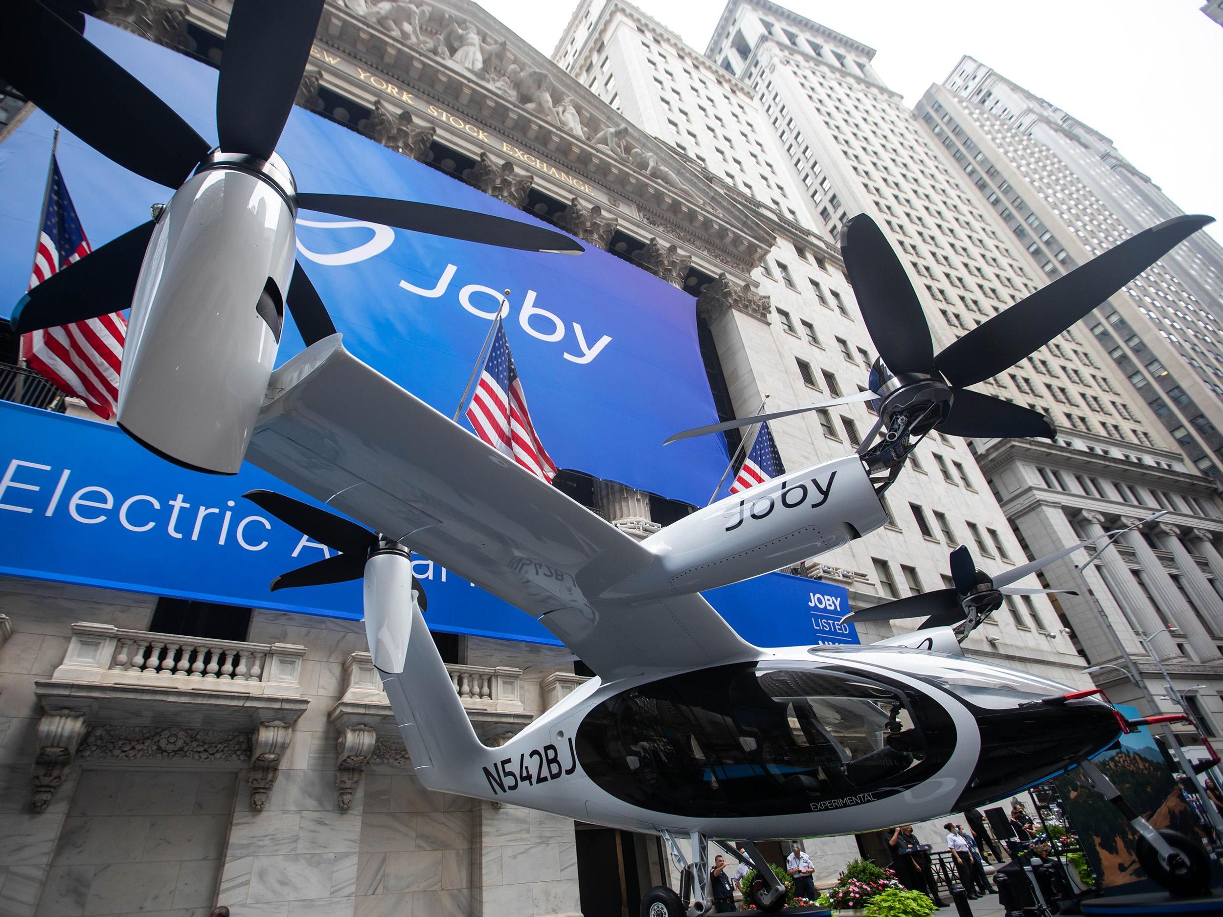 A Joby Aviation Inc. electric vertical take-off and landing aircraft outside the New York Stock Exchange.
