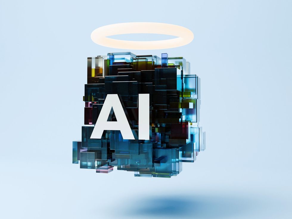 A large floating cube with “AI” written on its front and a halo hovering above.