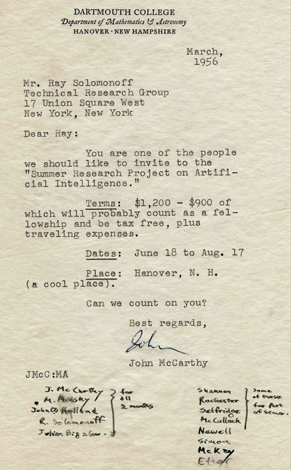 A letter from John McCarthy to Ray Solomonoff on Dartmouth College stationery.