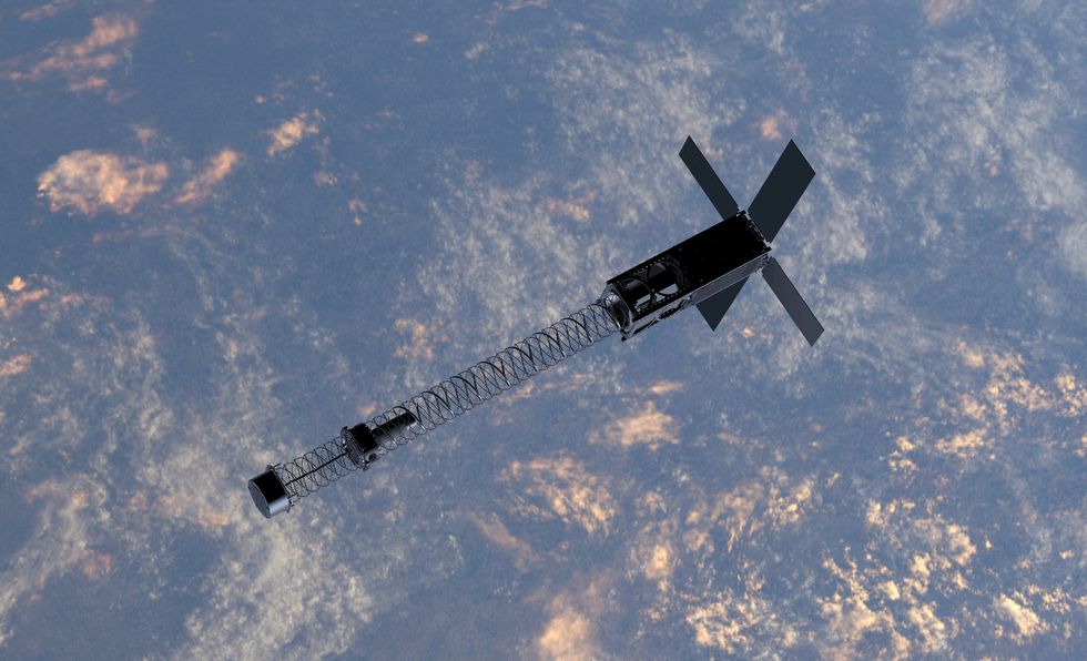 a long satellite floating above Earth's atmosphere