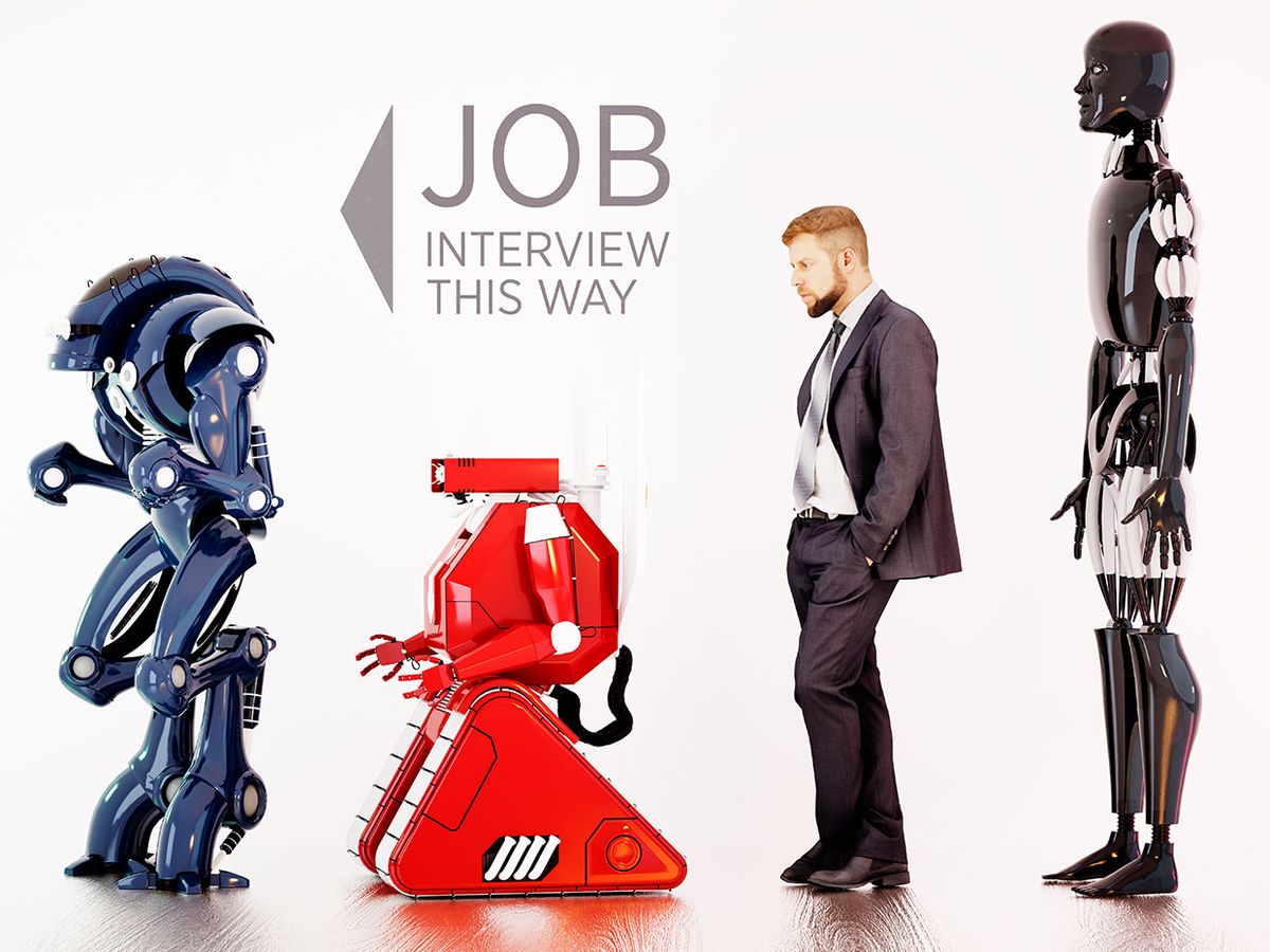 A man in a job interview line surrounded by robots.