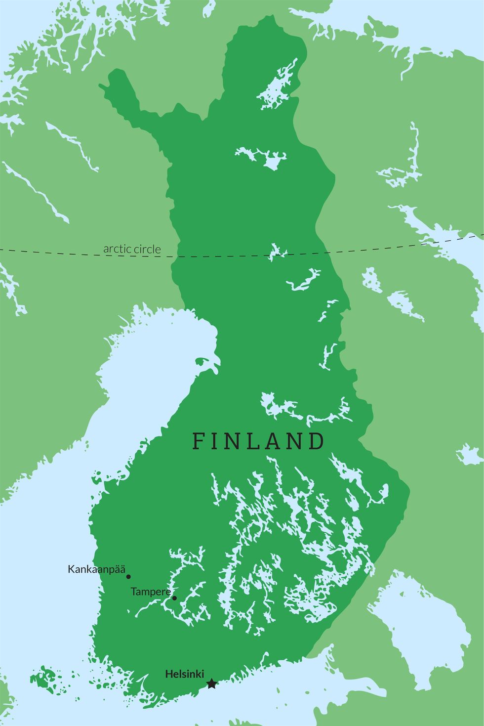 A map of Finland showing its capital Helsinki and two other cities.