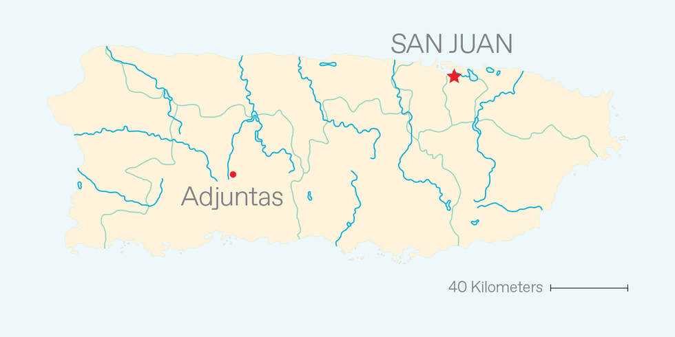 A map of Puerto Rico, highlighting San Juan and Adjuntas.