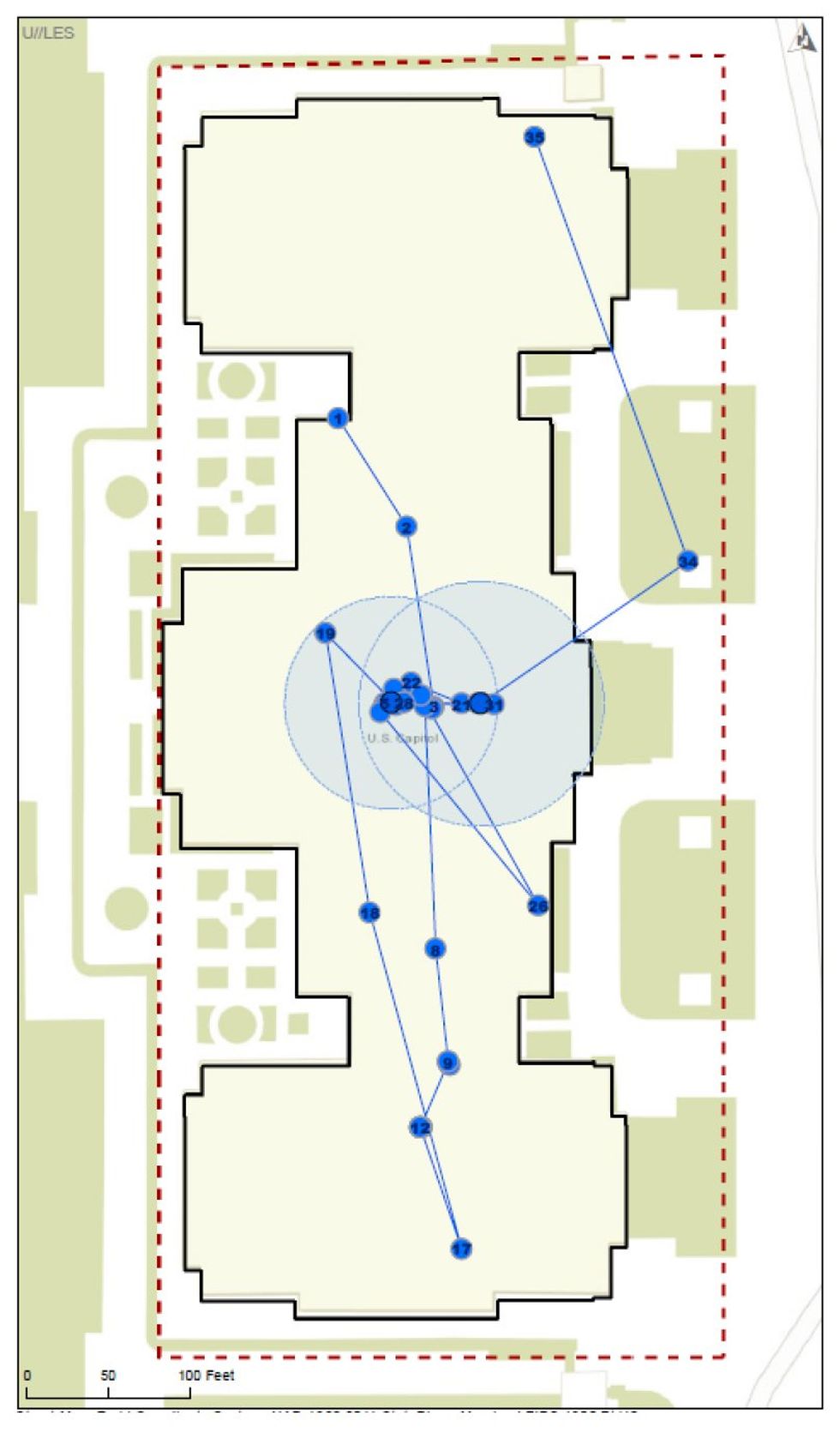 A map of the Capital Building showing criss crossing blue dots and lines.